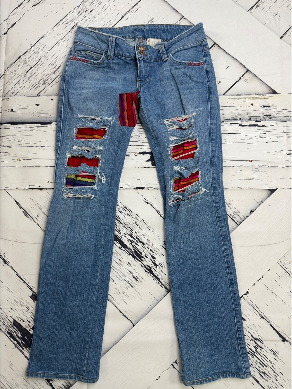 Rare Y2K Festival Vintage Rebel Boho Patch Distressed Bootcut Jeans Women’s 27